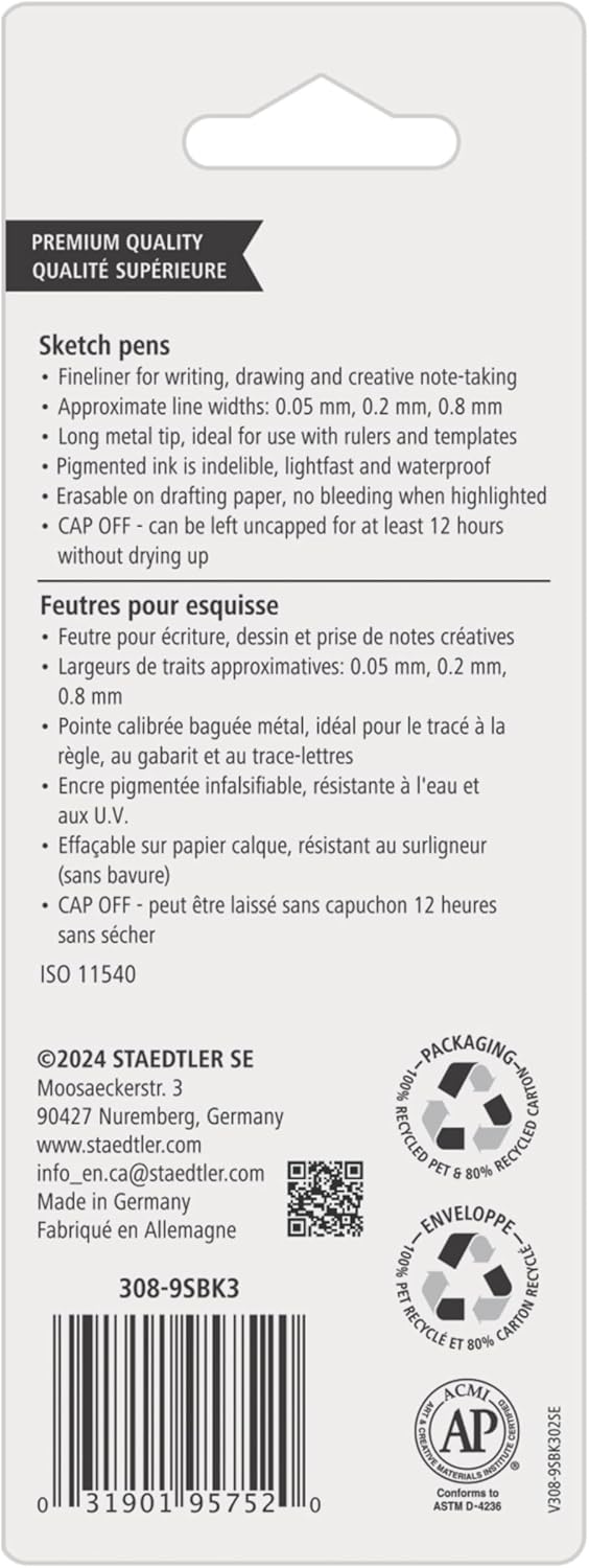 Staedtler Pigment Liner Pack, Black, 8 Pens, Assorted Line Widths, 0.05mm, 0.1mm, 0.2mm, 0.3mm, 0.5mm, 0.8mm, 1.0mm, 1.2mm