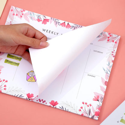 Weekly Planner Notepad Tear Off Set of 2 Weekly Calendar Pad 52 Undated To Do List Notepad Sheets Desk Planner Planning Pads Productivity Tracker for Work Goals Notes Schedule Ideas, Floral Blue