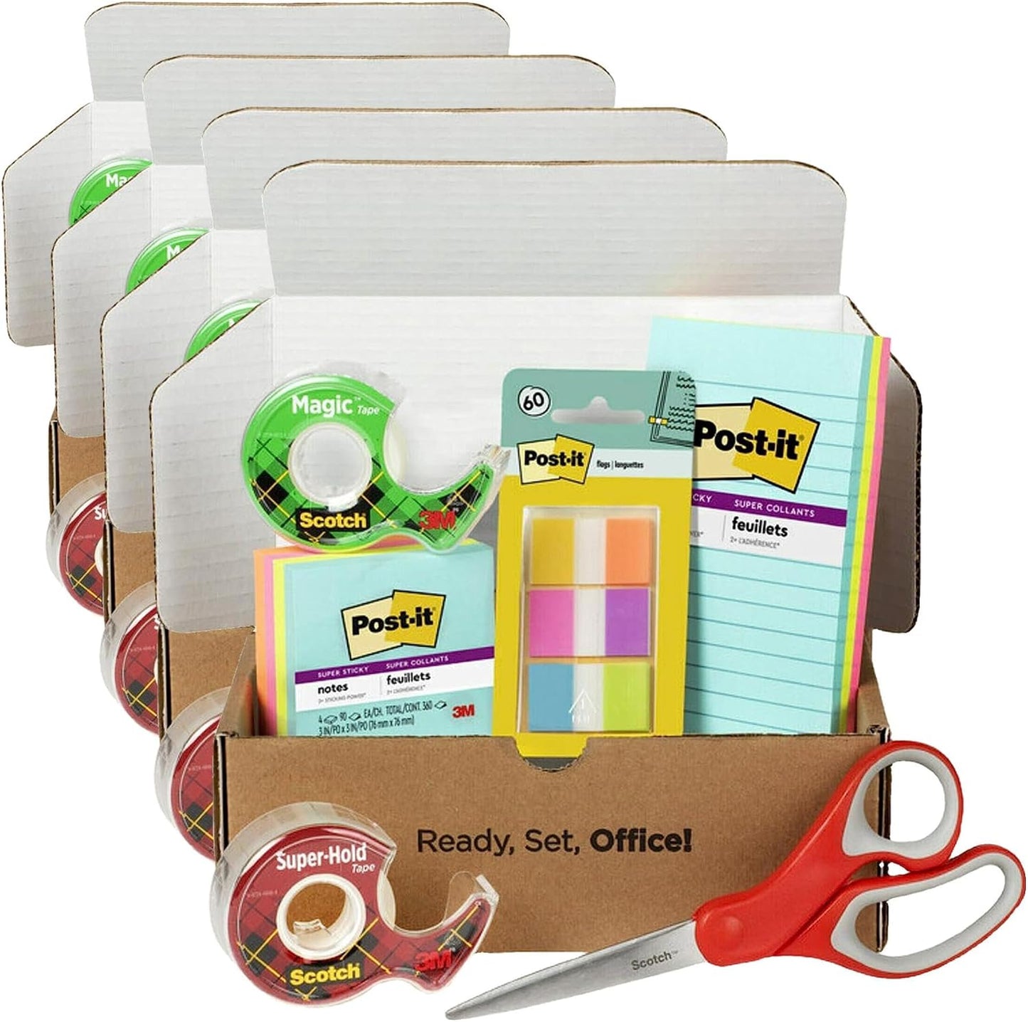 Scotch and Post-it Brand Office Essentials Kit, Business and Teacher Supplies Set with Post-it Super Sticky Notes, Scotch Super Hold Tape, Scotch Magic Tape, Post-it Flags, Sharp Scissors for Office