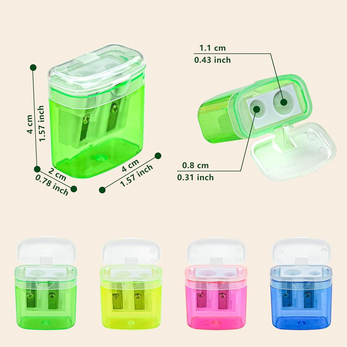 AUSTARK 4Pcs Pencil Sharpeners Manual for Kids Adults, Dual Hole Small Handheld Pencil Sharpener Bulk for Office School Home, Back to School Supplies