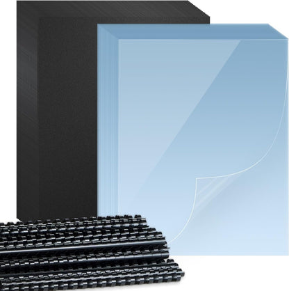 HOUYEE 120 Pack Binding Covers and Backs Set, 8.5x11 Inches, Including 60 Pcs 10 Mil Clear Binding Covers, 60 Pcs 12 Mil Black Plastic Sand Texture Polycovers, Letter Size