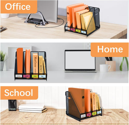 Magazine file holder for desk with 5 Vertical Compartments Folder Storage Binder Organizer for Office Home School Organization, Black