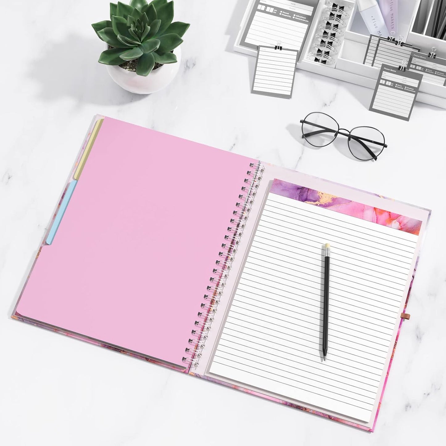 Rimilak Spiral Clipboards Folio with Refillable Lined Notepad, 14.5 x 9.8 In, Hardcover Cover with 5 Interior Pockets, Elastic Band and Pen Loop Series. Cute Stylish Clipfolio, Daisy Flower