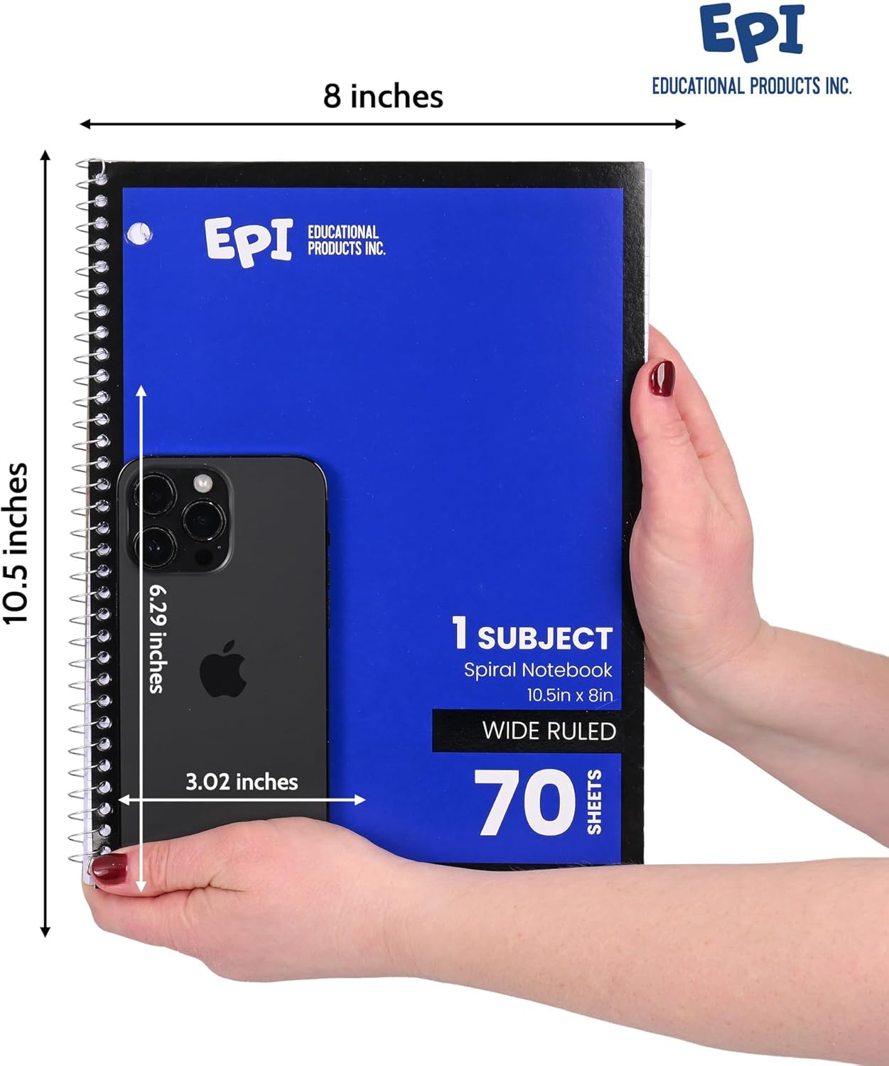 EPI Spiral Notebook | Wide - 70 Sheets, Durable Spiral Binding | 10.5 x 8 in | Classroom Supplies | School, Office, Note Taking, Journaling - 12 Pack