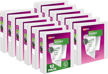 Avery Durable View 3 Ring Binders, 0.5" Slant Rings, 135-Sheet Capacity, 0.7 Inch Wide Spine, Great for Home, School Supplies, Office, or Organization Needs, White Binders (12-Pack of 17002)