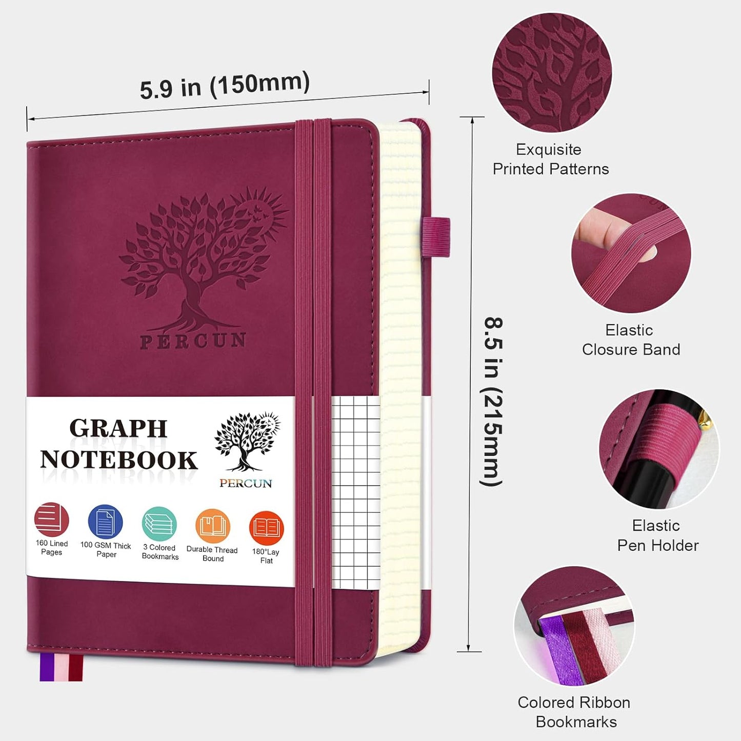 PERCUN Graph Paper Notebook, 160 Pages Grid Journal for women & men, A5 Hardcover Leather Graphing Notebook for School, Work, Travel, Note Taking 5.9”x8.5” (Black)