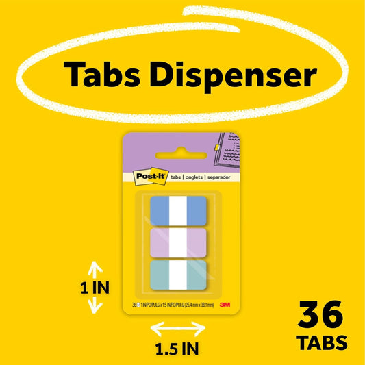 Post-it Sticky Tabs, 1 in. x 1.5 in., 3 Pads of Book Tabs in Assorted Cool Pastel Colors for Bookmarking, Annotating, Reading, and Reminders, Blue, Purple, and Green Colors (36 Total Count)