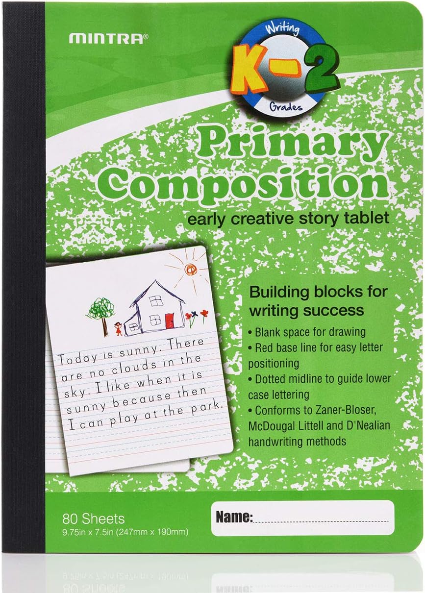 Mintra Primary Composition Notebook, 4 Pack, Assorted Colors 80 Sheets, 7.5in x 9.75in, 1/2 Sheet, Ruled with Drawing Area, Flexible Hardcover Journal, Grades K-2, School & Home Use