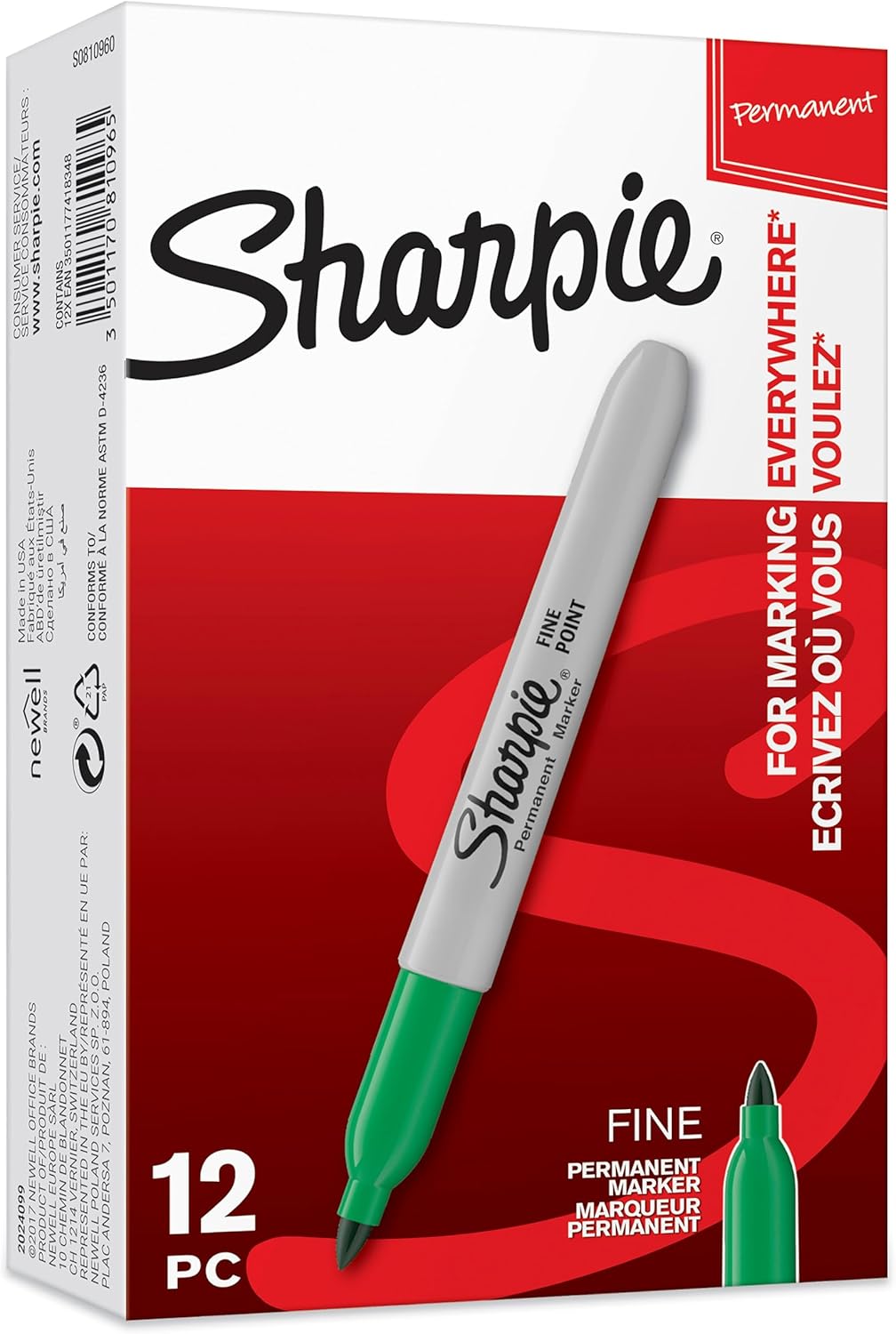 Sharpie Permanent Markers, Fine Point, Black, 12 Count