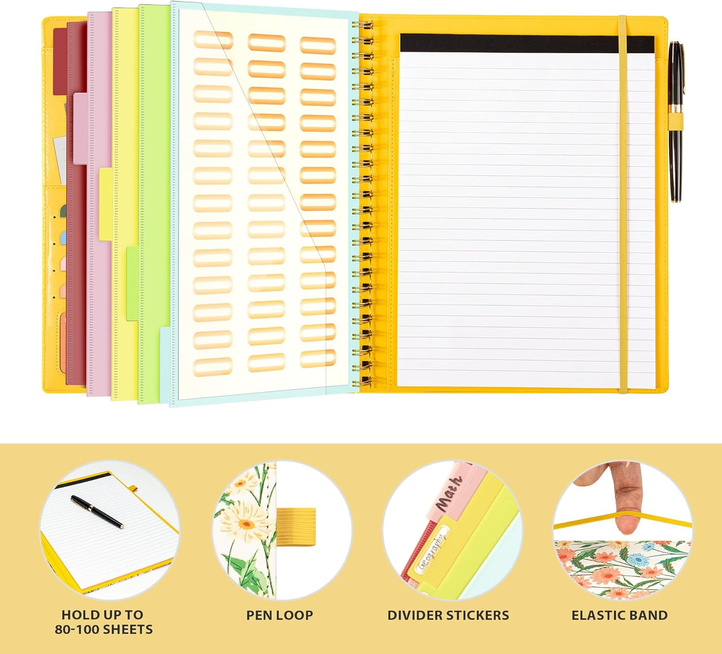 Ospelelf Clipboard with Storage for Women, Leather Padfolio Portfolio Organizer 5 Folders with 10 Pockets, Spiral Clipboard Folio with Notepad for Letter Size, Elastic Closure and Pen Loop Floral