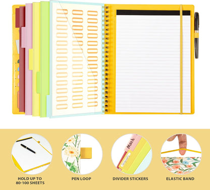 Ospelelf Clipboard with Storage for Women, Leather Padfolio Portfolio Organizer 5 Folders with 10 Pockets, Spiral Clipboard Folio with Notepad for Letter Size, Elastic Closure and Pen Loop Floral