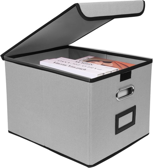 File Storage Box with Lid, 15.55x12.87x10.43 Inches, Foldable Organizer with Handles & Label Slot, for File Storage, Home, Office, and Closet Organization(Pink)