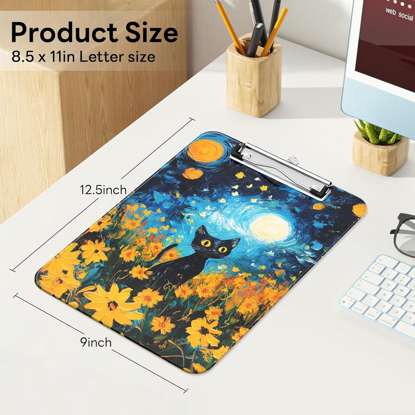 Plastic Cute Clipboard Low-Profile Metal Clip, A4 Letter Size 9 x 12.5 in, 8.5 x 11 Paper Clip Board for Teachers, Nurses, Classroom,Cute Black Cats