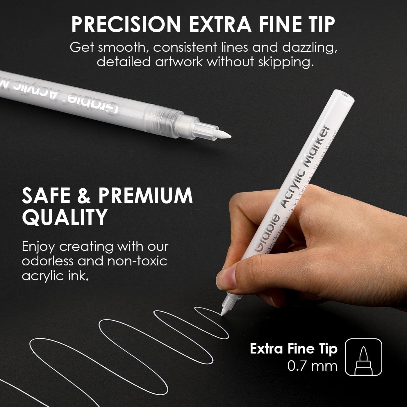 Grabie Black & White Extra Fine Tip Acrylic Paint Marker Set, 6 Pack, 0.7mm Acrylic Paint Pens for Highlights and Fine Details on Drawings, Rock Painting Glass Canvas Wood, White Highlight Markers