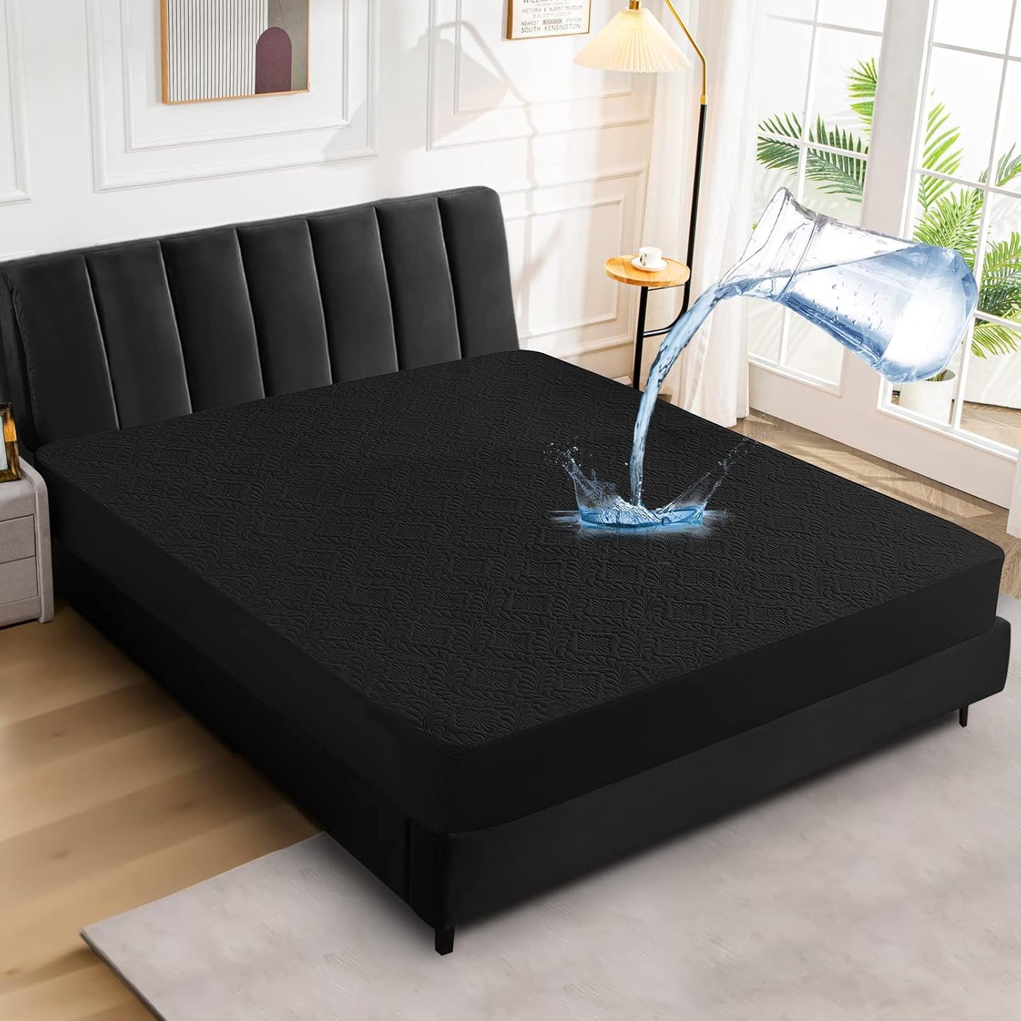 Sufdari Mattress Protector,Waterproof 18" Deep Pocket Mattress Cover Fitted Sheet Style with Elastic Rubber Band,Washable and Easy Care-Black,Queen
