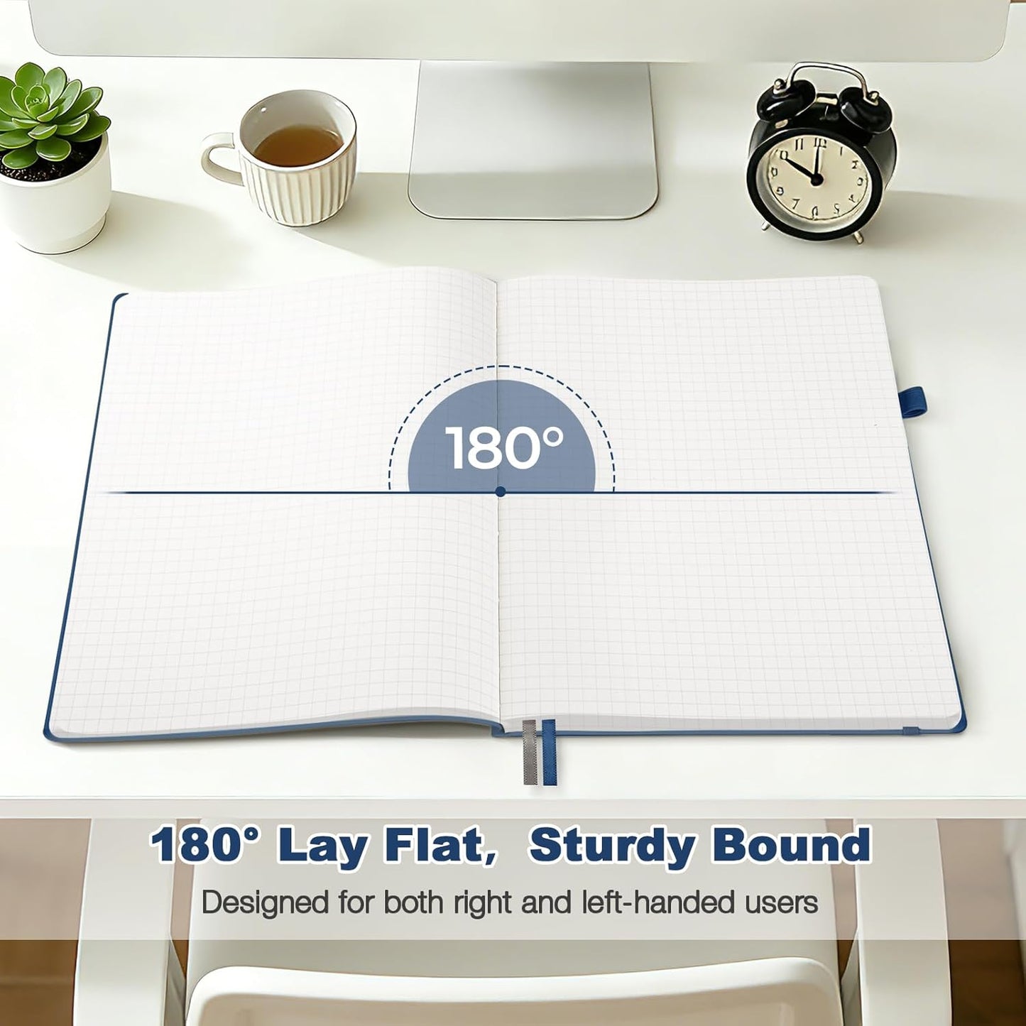 College Ruled Notebook, A4 Softcover Leather Notebook for Work, Lined Notebook Journal for Women, Men, 192 Thick Paper, Lay Flat, Large Notebook with 2 Pockets, Professional Business Notebook, Blue