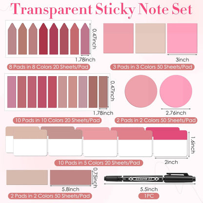 Glenmal Transparent Sticky Note Set 910 Sheets Translucent Clear Self-Adhesive Sticky Notes Bulk Gradient Color Waterproof for Bible Tabs Book Tabs Office Study Supplies Book Annotation (Pink)