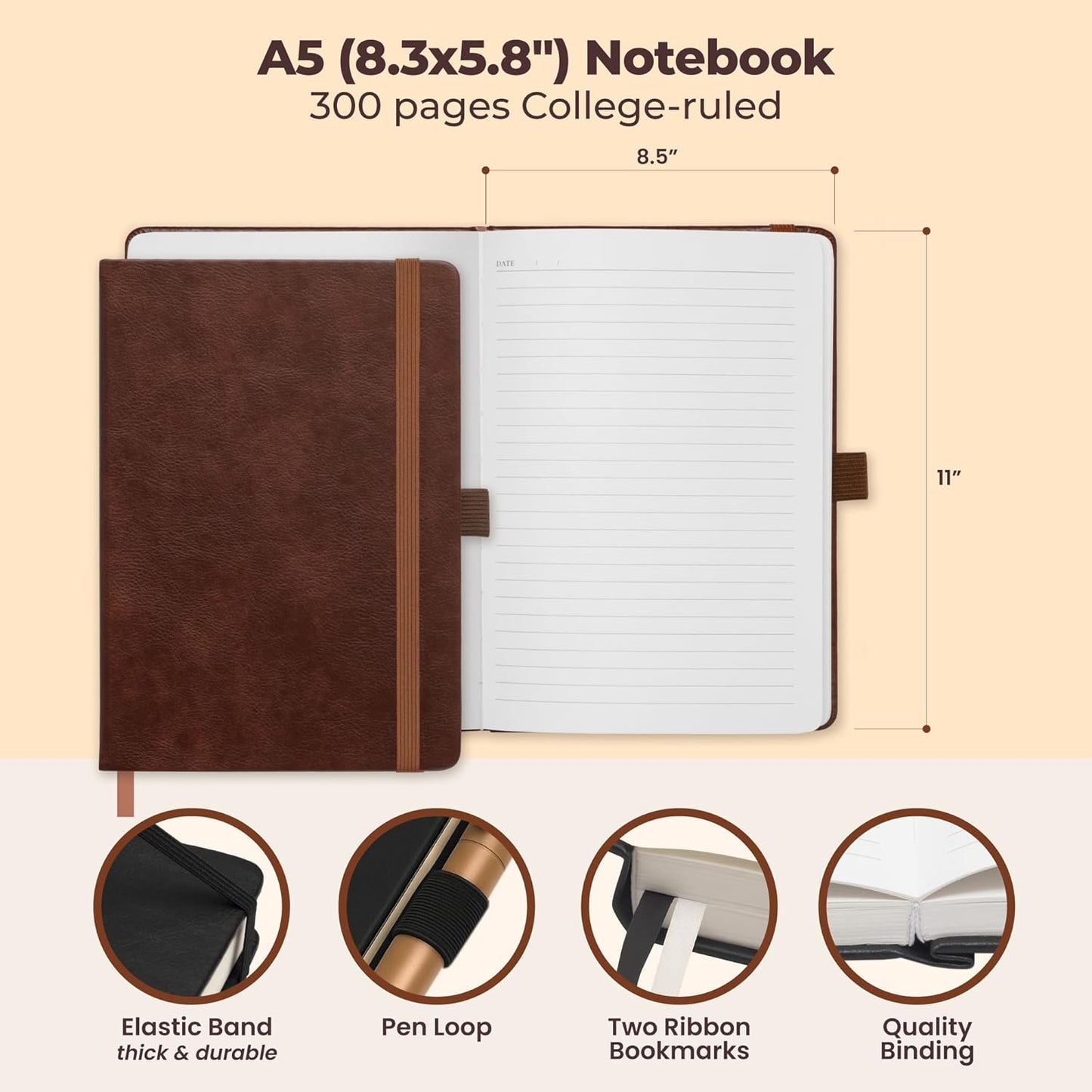 Classic Lined Journal Notebook 8.5x11" A4 Hardcover Leather - Brown - 200 Pages College Ruled Large with Sticky Tabs, Pockets, and Pen Loop for Writing and Journaling - Big Hardback Men and Women