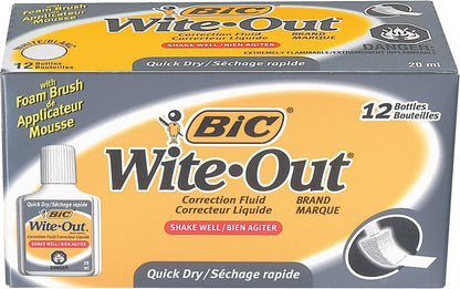 BIC WOFQD12WE Wite-Out Quick Dry Correction Fluid, 20 ml Bottle, White, 1/Dozen