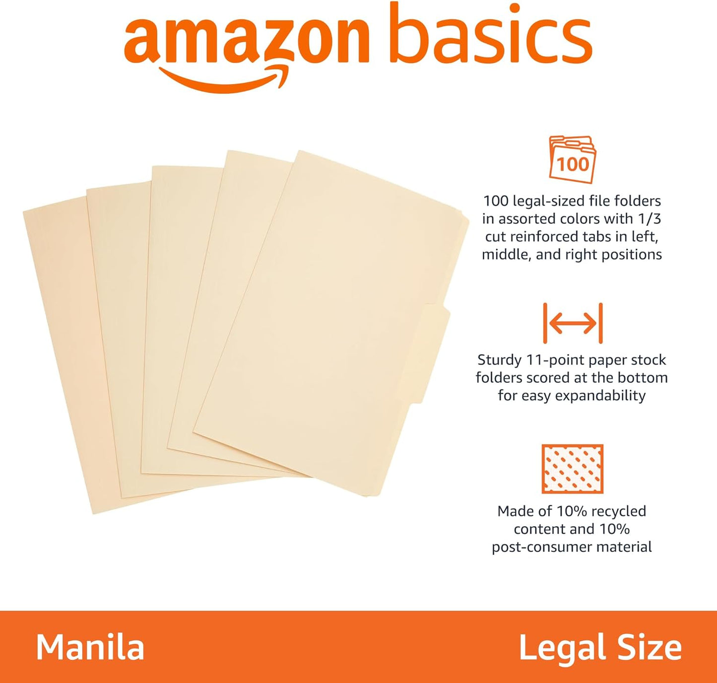 Amazon Basics Sturdy File Folders with Reinforced Tabs for Filing and Organization, 1/3-Cut Tab, Assorted Positions, Letter Size, 8.5x11 inches, Manila, 100-Pack