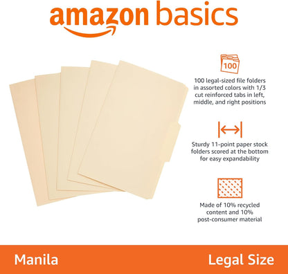Amazon Basics Sturdy File Folders with Reinforced Tabs for Filing and Organization, 1/3-Cut Tab, Assorted Positions, Letter Size, 8.5x11 inches, Manila, 100-Pack