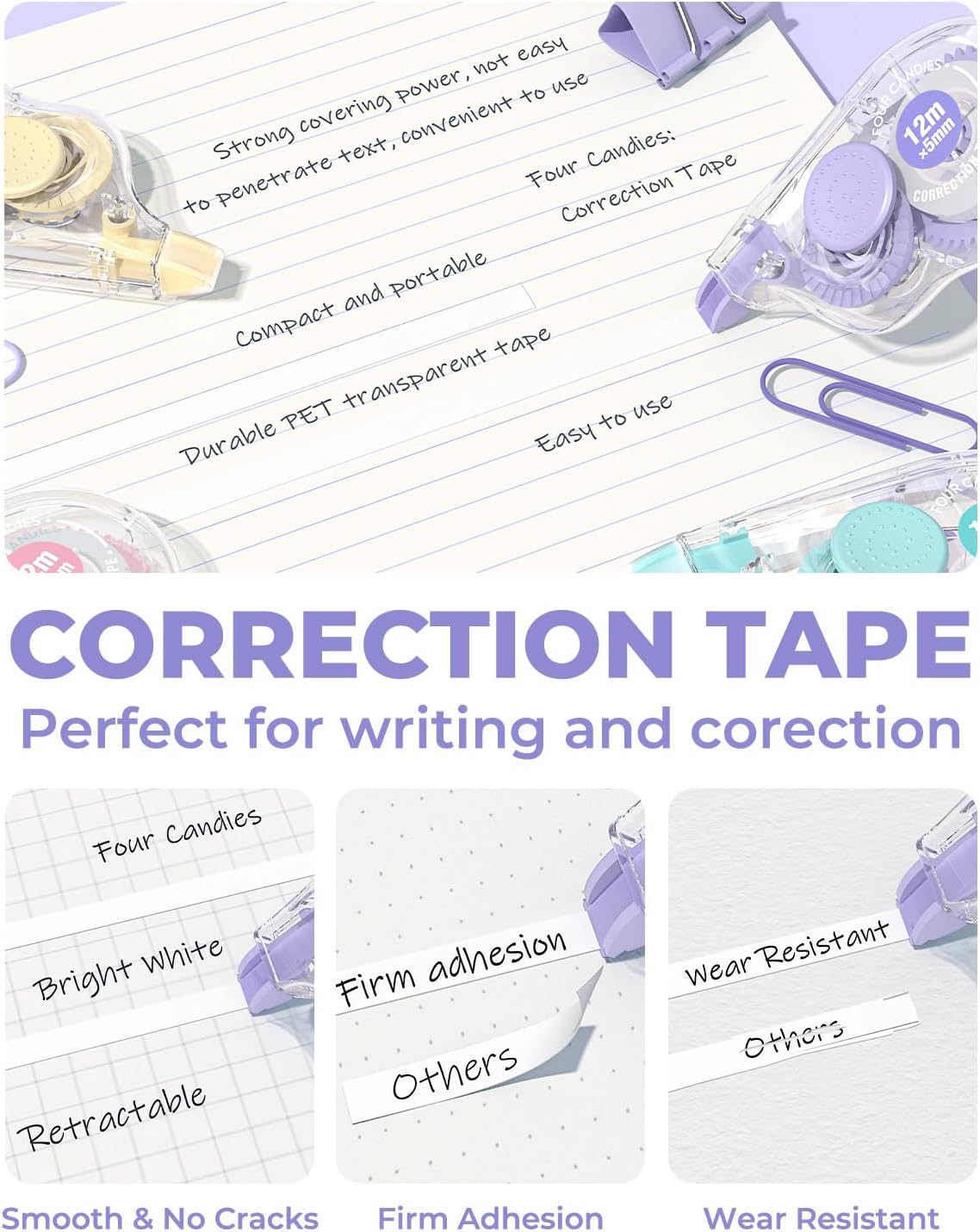 Four Candies White Correction Tape, 39.4 Feet, 12 Pack Easy to Use Applicator for Instant Corrections, Tear-Resistant, Smooth & Quick-Drying Tape for Office & School Supplies