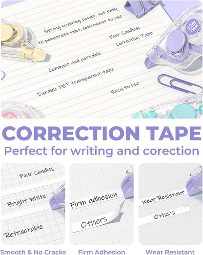 Four Candies White Correction Tape, 39.4 Feet, 12 Pack Easy to Use Applicator for Instant Corrections, Tear-Resistant, Smooth & Quick-Drying Tape for Office & School Supplies