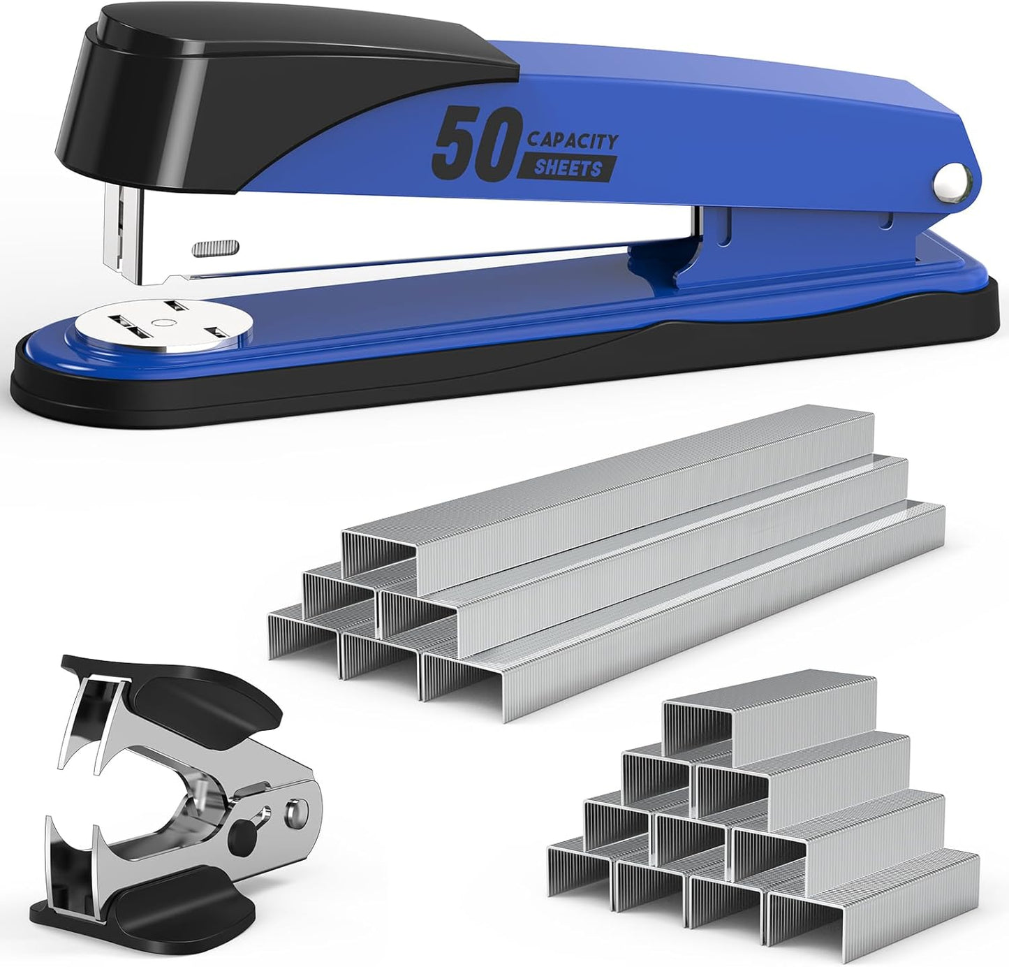 Metal Stapler Heavy Duty 50 Sheet Capacity with 1750 Staples and Staple Remover, Full Strip Staplers for Desk, No Jam, Non-Slip for Office & Classroom, Black