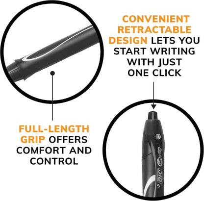BIC Gelocity Quick Dry Black Gel Pens, Medium Point (0.7mm), 12-Count Pack, Retractable Gel Pens With Comfortable Full Grip