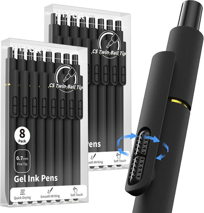 Hiacry 8 Pcs Gel Pens - 0.7mm Fine Point Smooth Writing Black Ink, Quick-Dry Long Lasting Fidge Pens, School & Office Supplies for Men Women