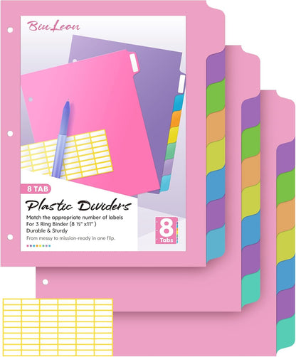 16 PCS 8 Tab Binder Dividers for 3 Ring Binder,Thicken, Write & Erase Reusable Waterproof Plastic Binders for School & Office Files, 2 Set, Extra 40 Labels