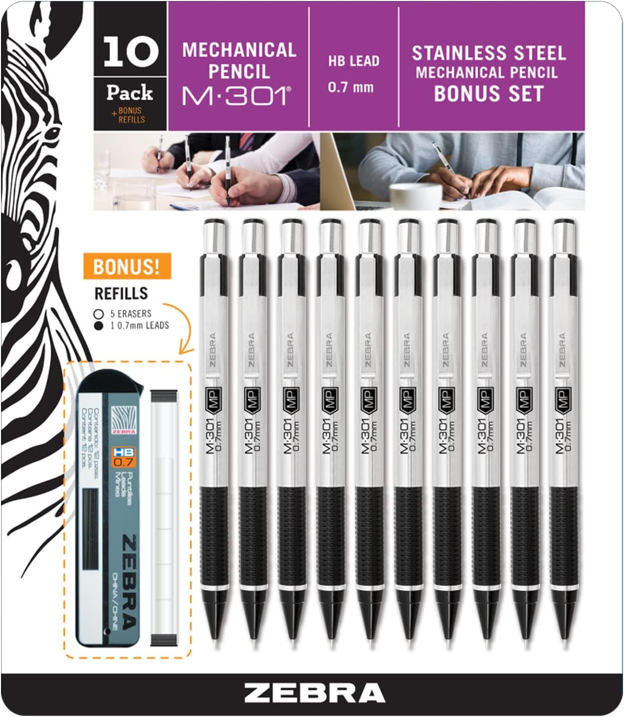Zebra Pen, M-301 Mechanical Pencil, 0.7mm Point, Stainless Steel Barrel, Textured Grip, Smooth Writing Performance, Refillable, STEEL Series, 2-Count, (54312)