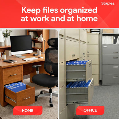 Staples Hanging File Folders, Letter Size, Blue, 5‑Tab, 1/5‑Cut Tabs, Includes Tabs & Inserts – 25/Pack