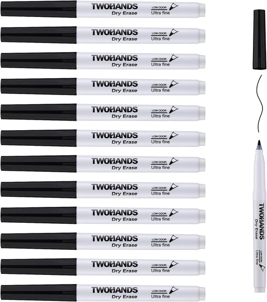 TWOHANDS Dry Erase Markers Fine Tip,Ultra fine Extra Fine Point 0.7mm,Low Odor,11 Assorted Colors,Whiteboard Markers for Office,Home,or Planning Whiteboard,12 Count,20581
