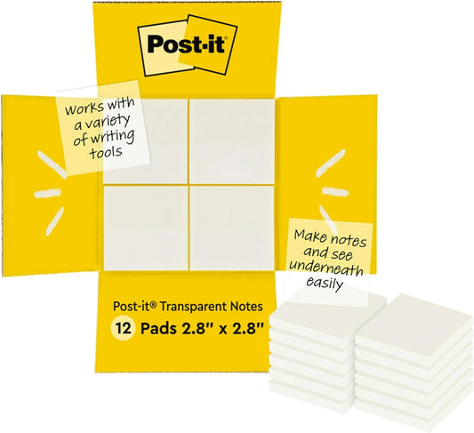 Post-it Transparent Notes, 2.8 in. x 2.8 in., Blue, Pink, Green and Orange Sticky Notes, School Supplies, Office Products, Great for Studying, 8 Pads