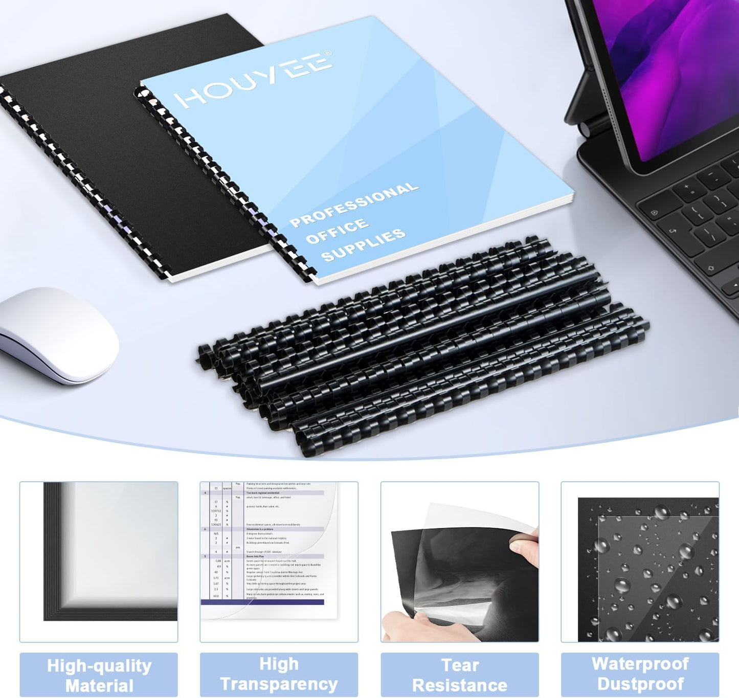 HOUYEE 120 Pack Binding Covers and Backs Set, 8.5x11 Inches, Including 60 Pcs 10 Mil Clear Binding Covers, 60 Pcs 12 Mil Black Plastic Sand Texture Polycovers, Letter Size