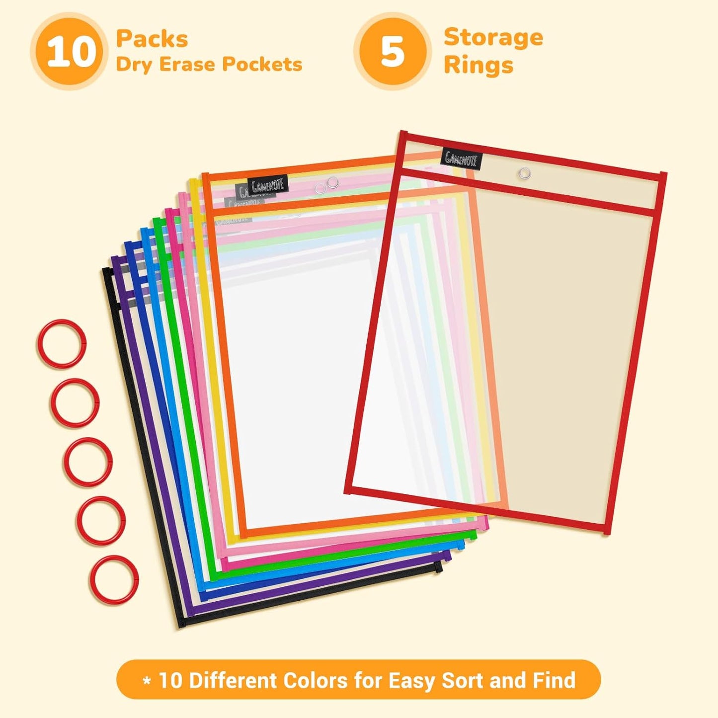 Gamenote Dry Erase Pockets 30 Pack with Rings, Oversized Reusable Plastic Sleeves Shop Job Ticket Holders Sheet Protectors Teacher Supplies Organization for Classroom Must Have, 10x14 Inches (Black)
