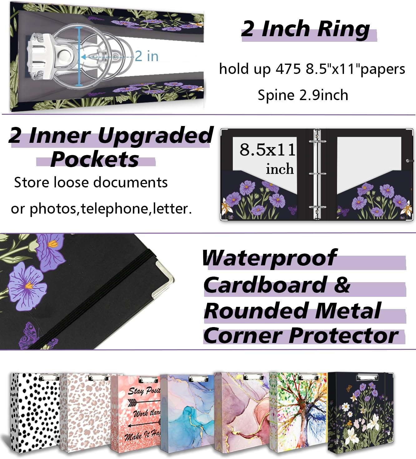 3 Ring Binder 1 Inch, Three Ring Binders Organizer with Clipboard, 5-Tabs Pockets Dividers, Plastic Folder, 18 Divider Stikers, BVSSX Pretty Binder with Pen Loop (Black Weeds, Letter Size)