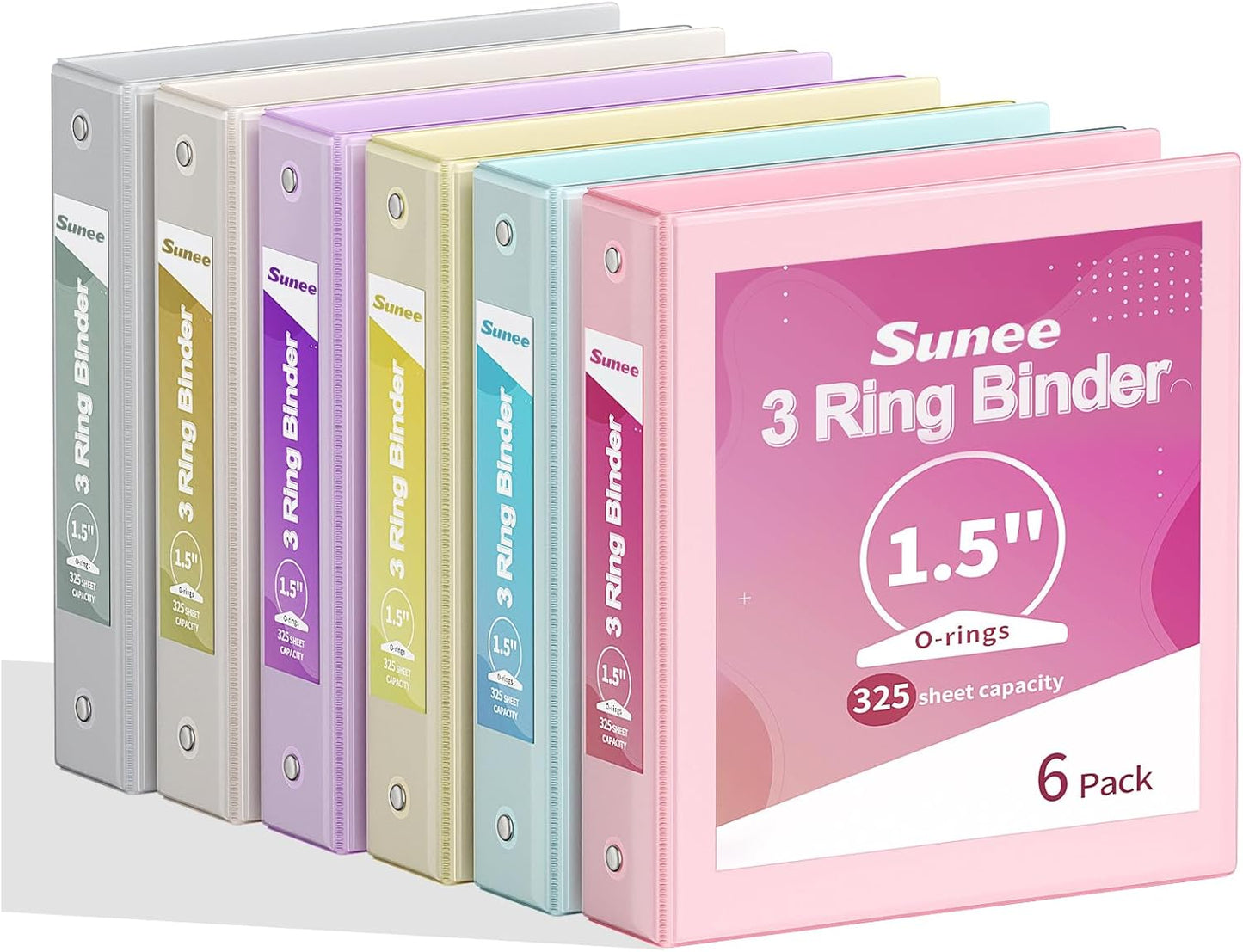 SUNEE 1 Inch Binders 3 Ring 6 Pack, Clear View Three Ring Binders PVC-Free (Fit 8.5x11 Inches) for School Binder or Office Binder Supplies, Classic 6 Colors