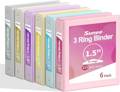 SUNEE 1 Inch Binders 3 Ring 6 Pack, Clear View Three Ring Binders PVC-Free (Fit 8.5x11 Inches) for School Binder or Office Binder Supplies, Classic 6 Colors