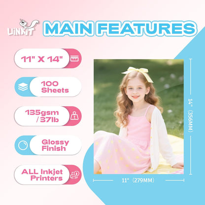 Uinkit 37lb Thin Flyer Paper Glossy 8.5x11 Inkjet 100 Sheets Single Side DIY Chip Bag 135gsm Printer Picture for Inkjet Printer with Dye Ink Letter size A4 Brochure (8.5X11X100)