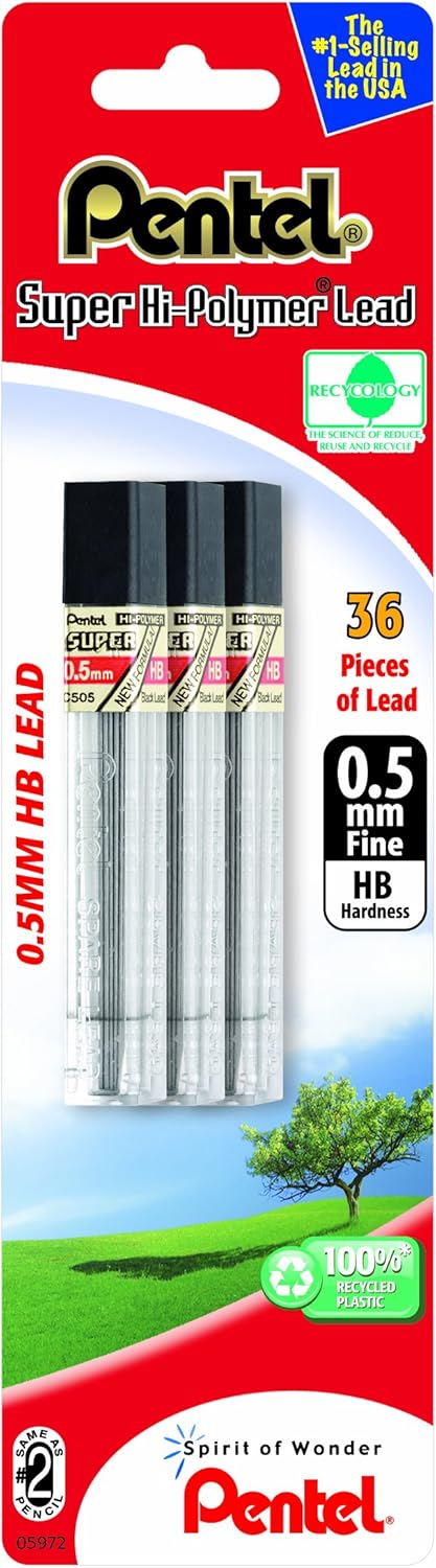 Pentel Super Hi-Polymer Lead Refill (0.5mm) Fine, 2H, 36 Pieces of Lead (C505BP32H-K6)