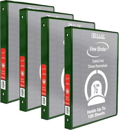 BAZIC Products 3 Ring Binder - Green, Economy View Binder with Clear Overlay Cover and Round Rings, Organizer for School Office Home Use, 0.5-inch Capacity Holds 100 Sheets Paper, 1-Pack