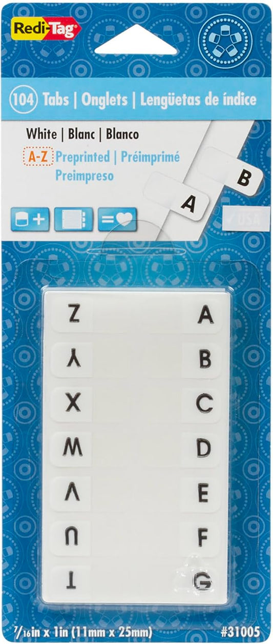 Redi-Tag Alphabetical Tabs, A - Z Pre-Printed Divider Tabs, Permanent Adhesive Index Labels,Divider Labels for School, Home and Office, 7/16" x 1", White, 104 Tabs Per Pack, (B31005)