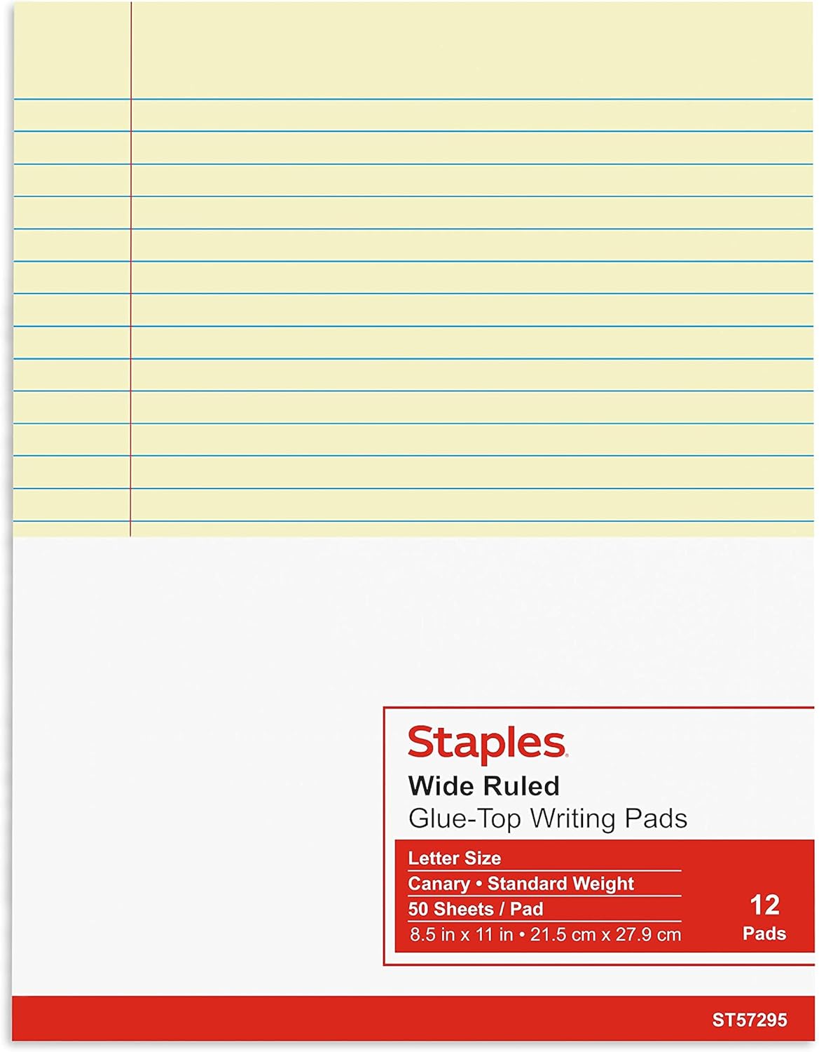 STAPLES Glue‑Top Notepad, 8.5” x 11”, Wide Ruled, Canary, 12‑Pack