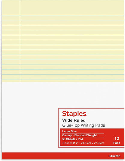 STAPLES Glue‑Top Notepad, 8.5” x 11”, Wide Ruled, Canary, 12‑Pack