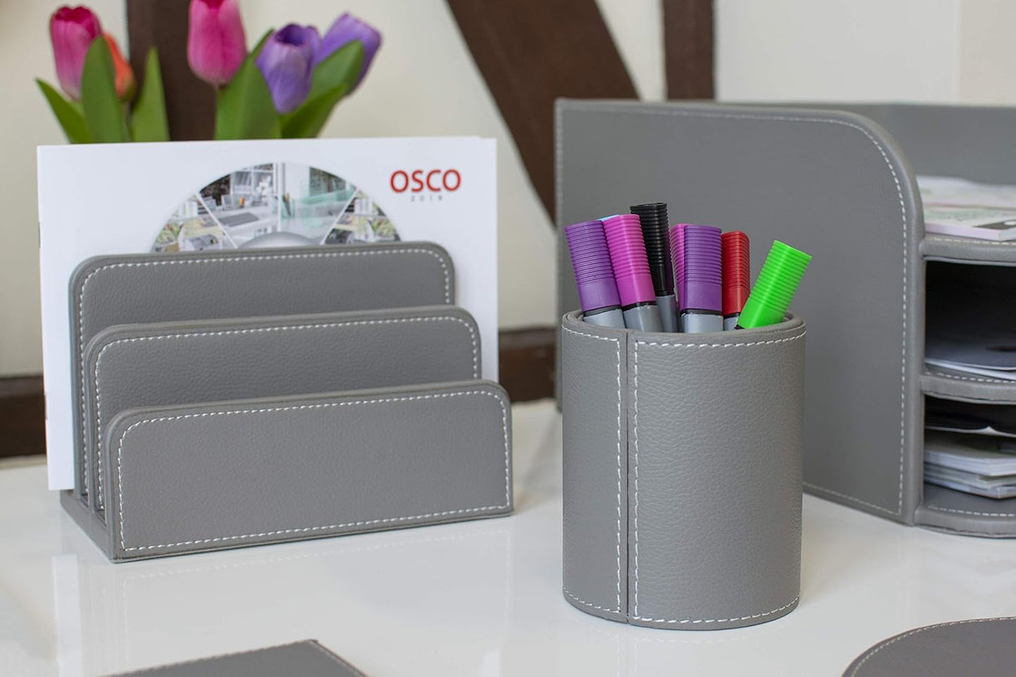 OSCO Black Faux Leather Letter Holder | Mail Sorter | Post Rack | Envelope Organiser | Document Stand | Desk File Storage | Display Slots | H14 x W17.5 D10 cm |