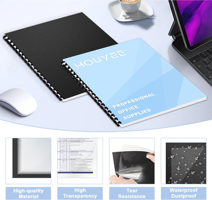 HOUYEE 120 Pack Binding Covers and Backs Set, 8.5x11 Inches, Including 60 Pcs 10 Mil Clear Binding Covers, 60 Pcs 12 Mil Black Plastic Sand Texture Polycovers, Letter Size