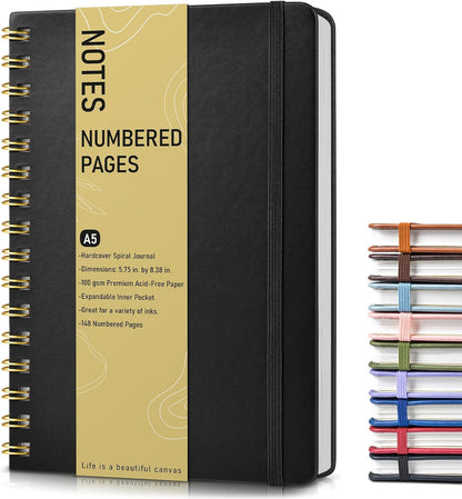 Lined Spiral Journal Notebook, A5 Hardcover Spiral Journals for Women Men, 150 Numbered Pages Spiral Bound Notebook, 100 GSM College Ruled Notebooks for Work, Note Taking 5.75" x 8.38", Olive Green
