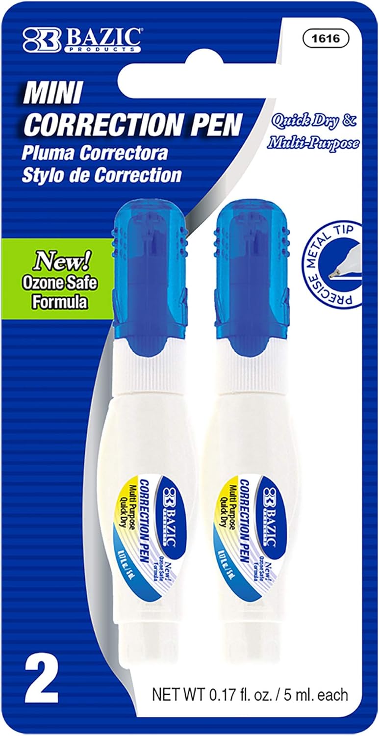 BAZIC Products Correction Pen – Corrections Fluid, Precise Metal Tip White Out, Ideal for School & Office Supplies, Alternative to Correction Solution, 2/Pack, 1-Pack